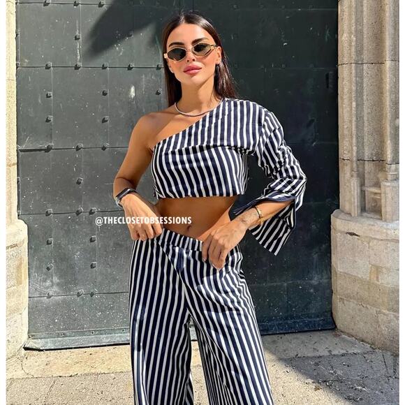 ZARA Striped Co Ord Set NWT | Asymmetric One Shoulder Top + Wide Leg Pants - Picture 8 of 16